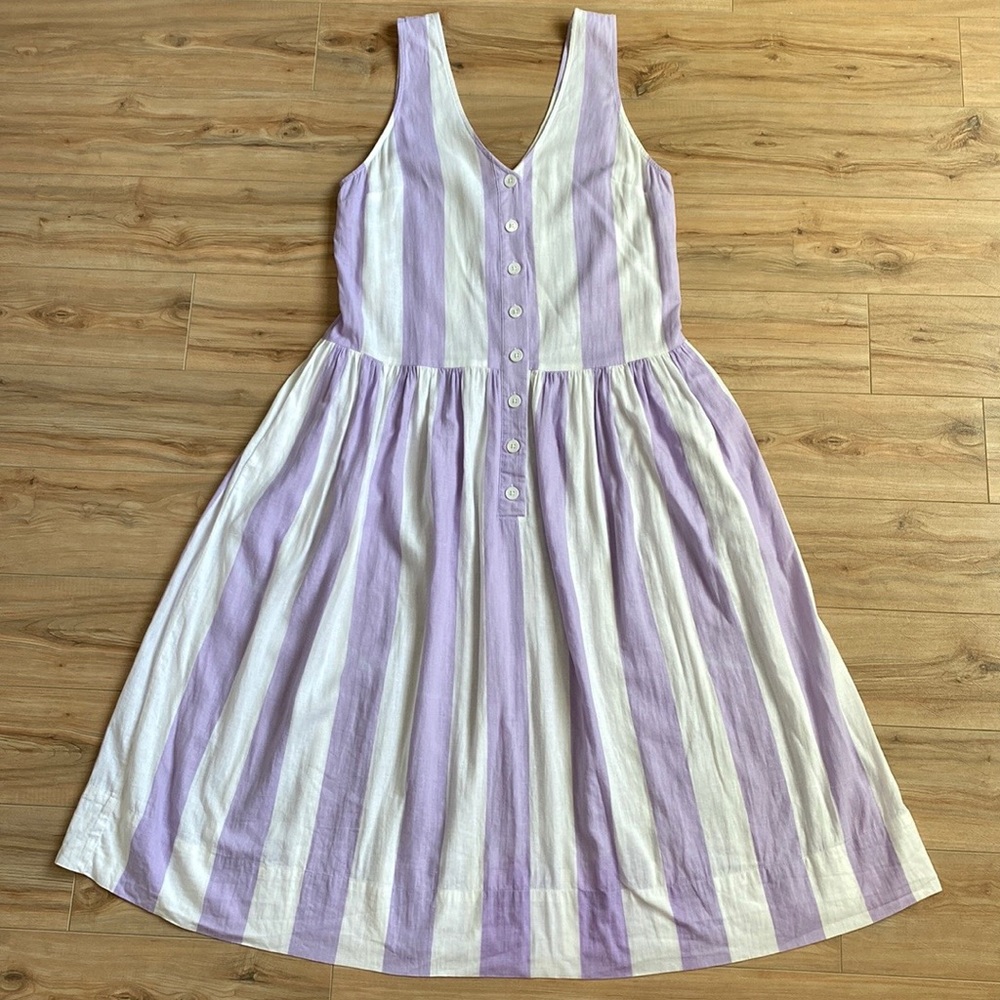 Urban Outfitters Allie Striped Midi Dress Linen V-Neck Button Front Pockets